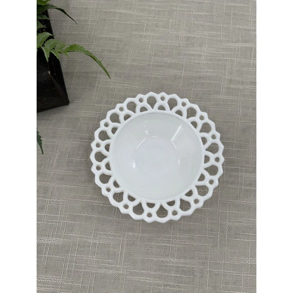 Vintage White Milk Glass Lace Edge Pedestal Bowl Openwork Dish Trinket Holder